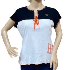 HARLEY-DAVIDSON Vintage Women’s White & Black Cap Sleeve Tee Shirt Size Large